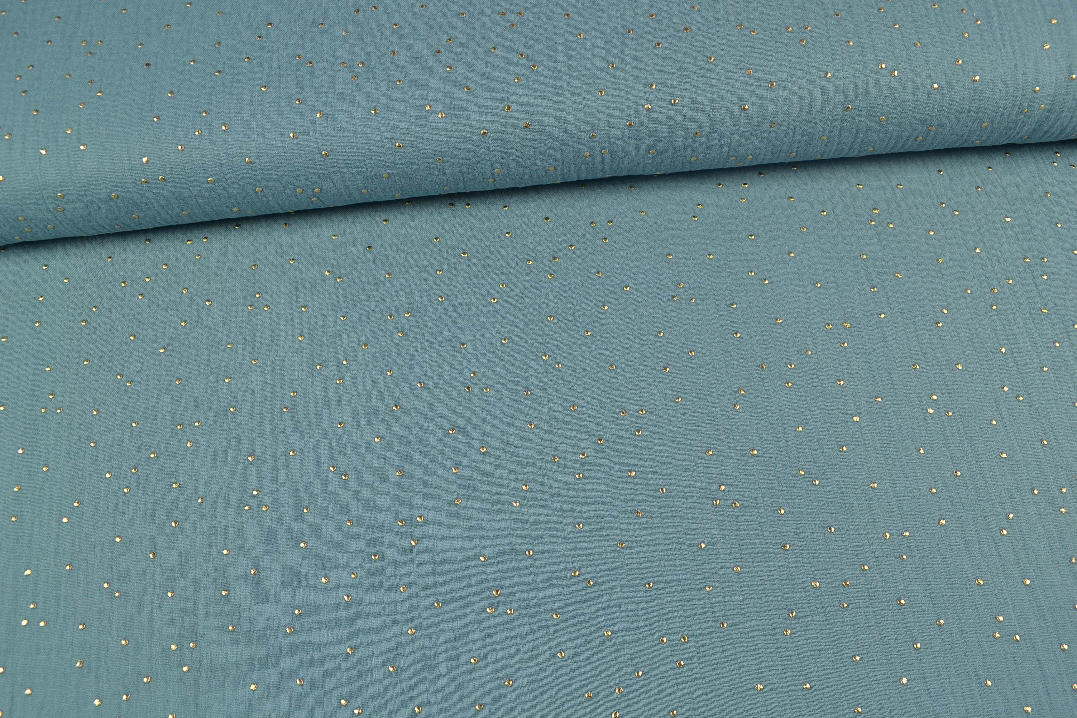 Baumwoll Musselin Double Gauze Punkte gold, petrol