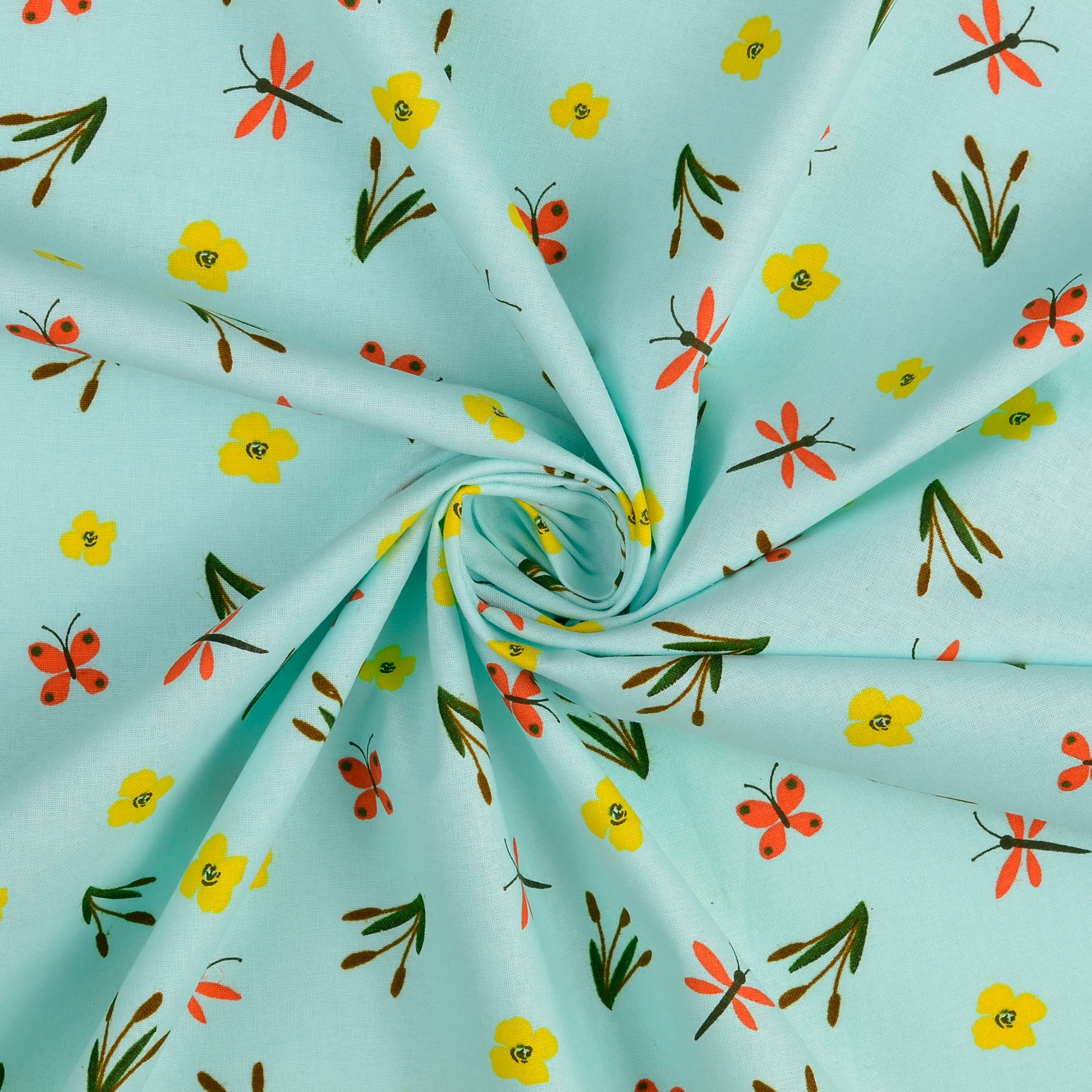 Baumwollstoff gemustert, Libellen klein, türkis   