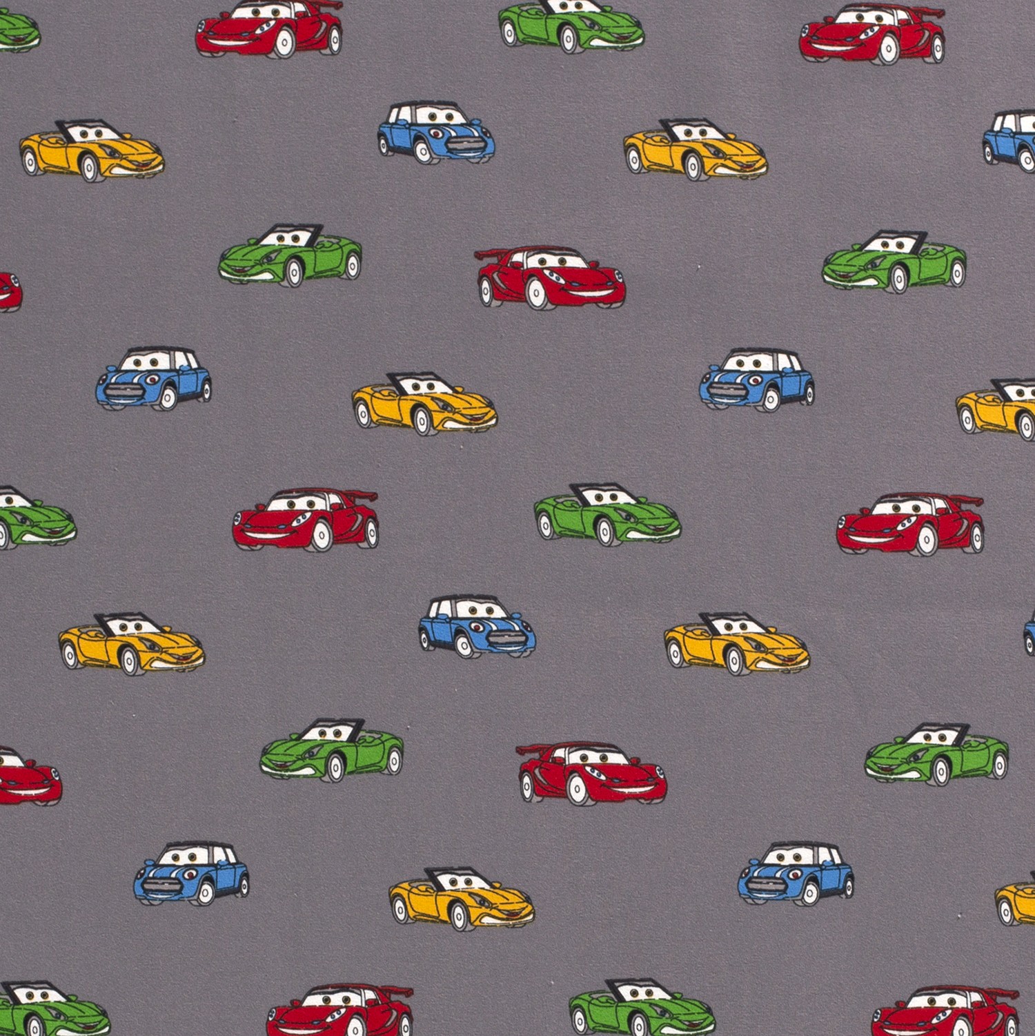 Baumwolljersey bedruckt Rennautos, grau