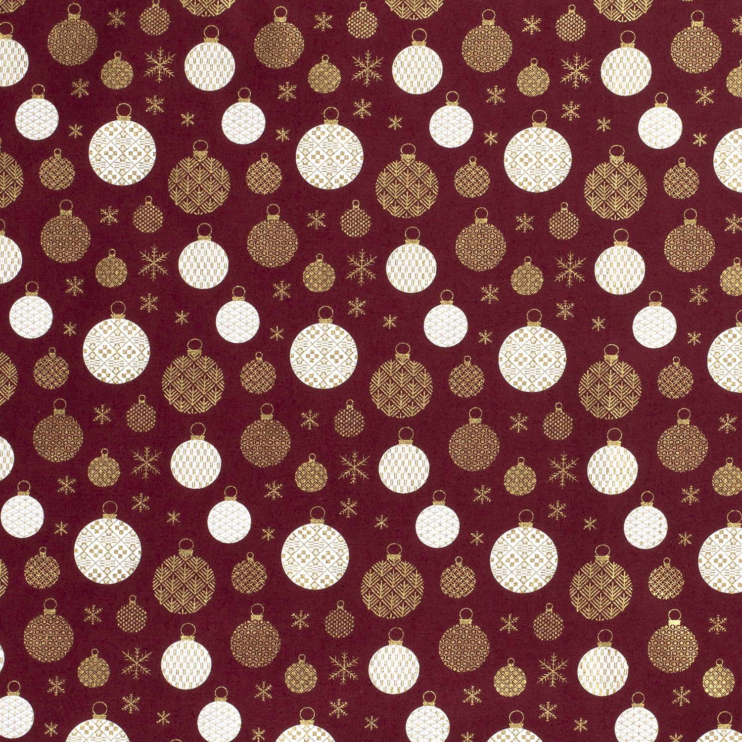 Baumwollstoff Weihnachten, Glitzerkugeln weinrot/gold