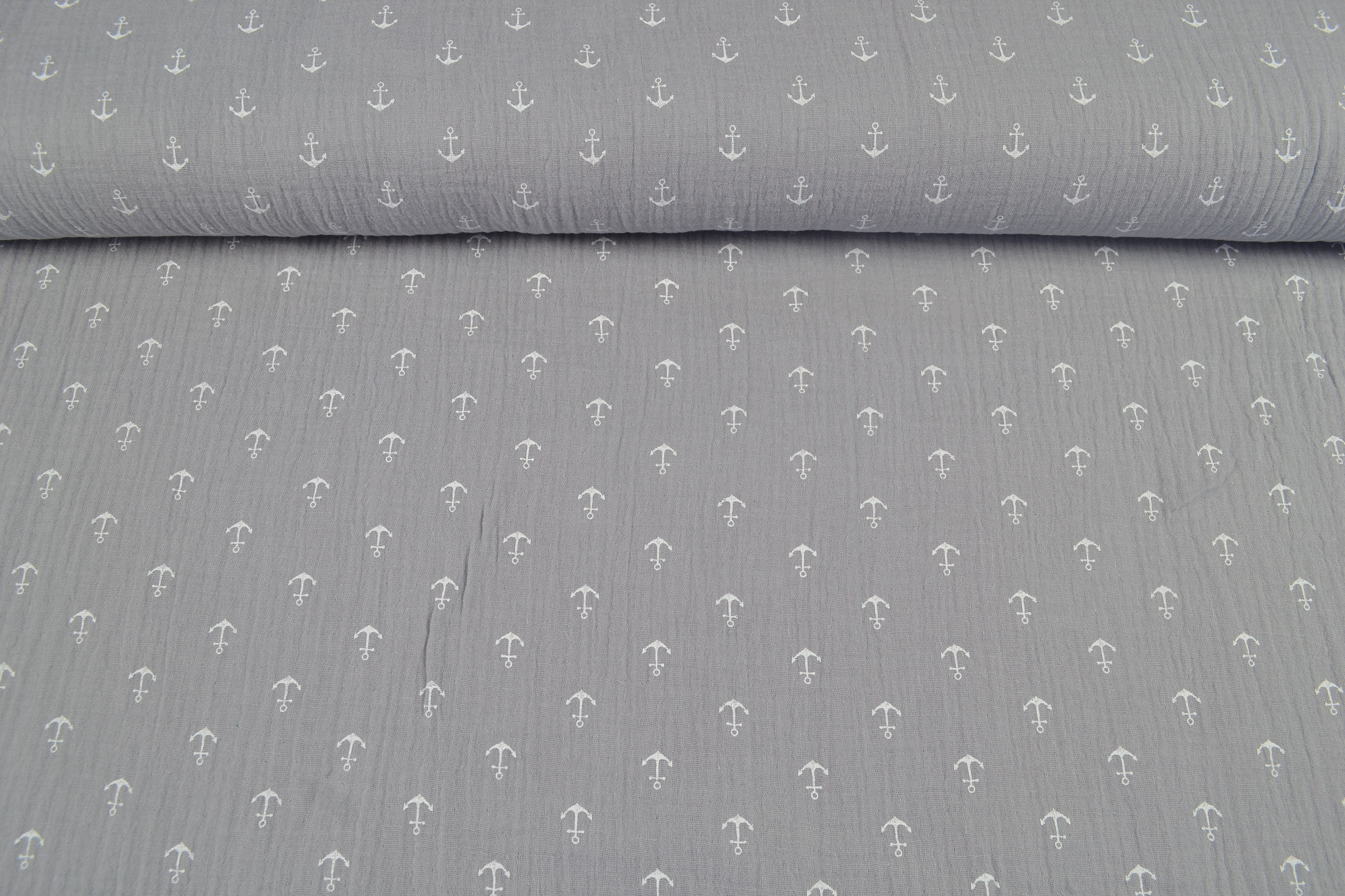 Baumwoll Musselin Double Gauze kleine Anker, hellgrau