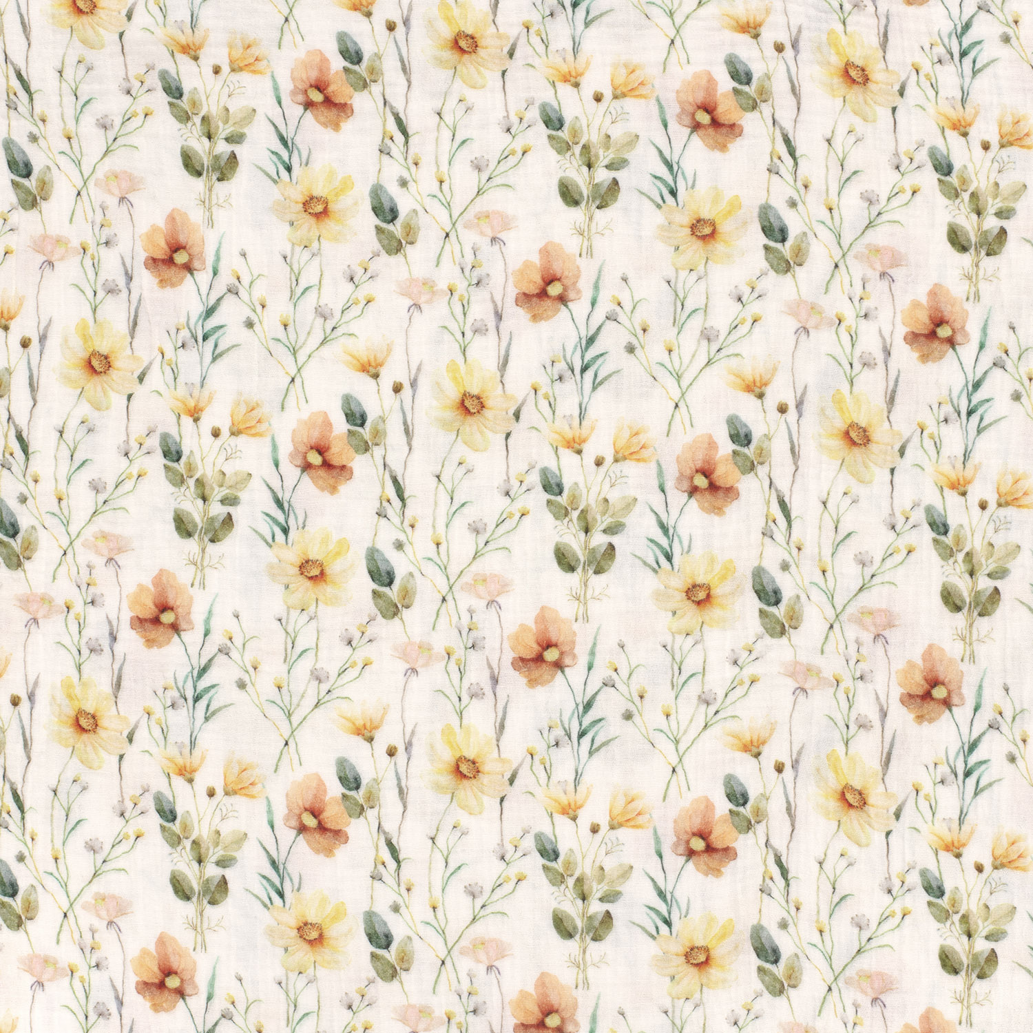 Musselin Stoff bedruckt mit bunten Blüten – wollweiß