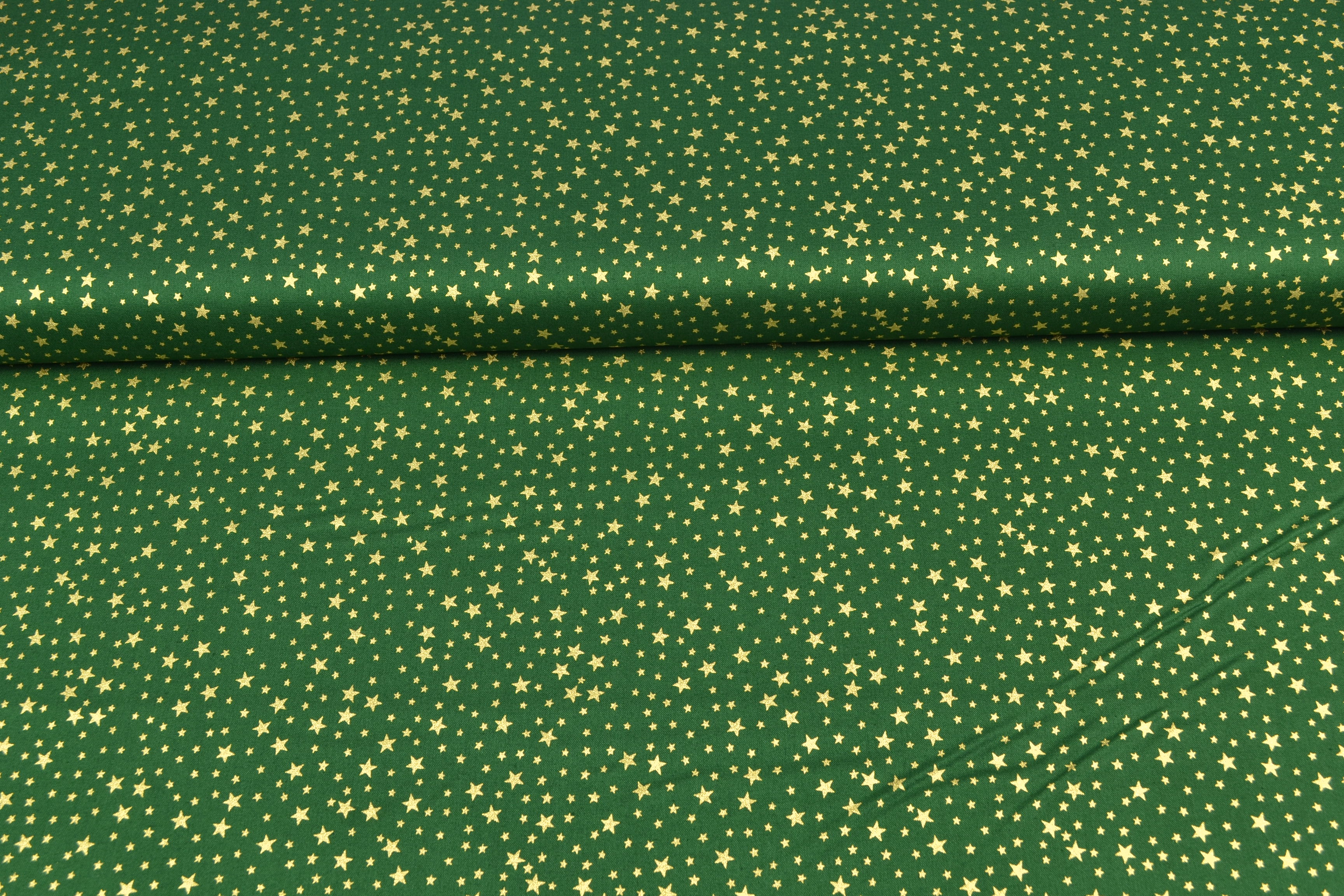 Baumwollstoff Weihnachten, kleine Sterne dunkelgrün/gold