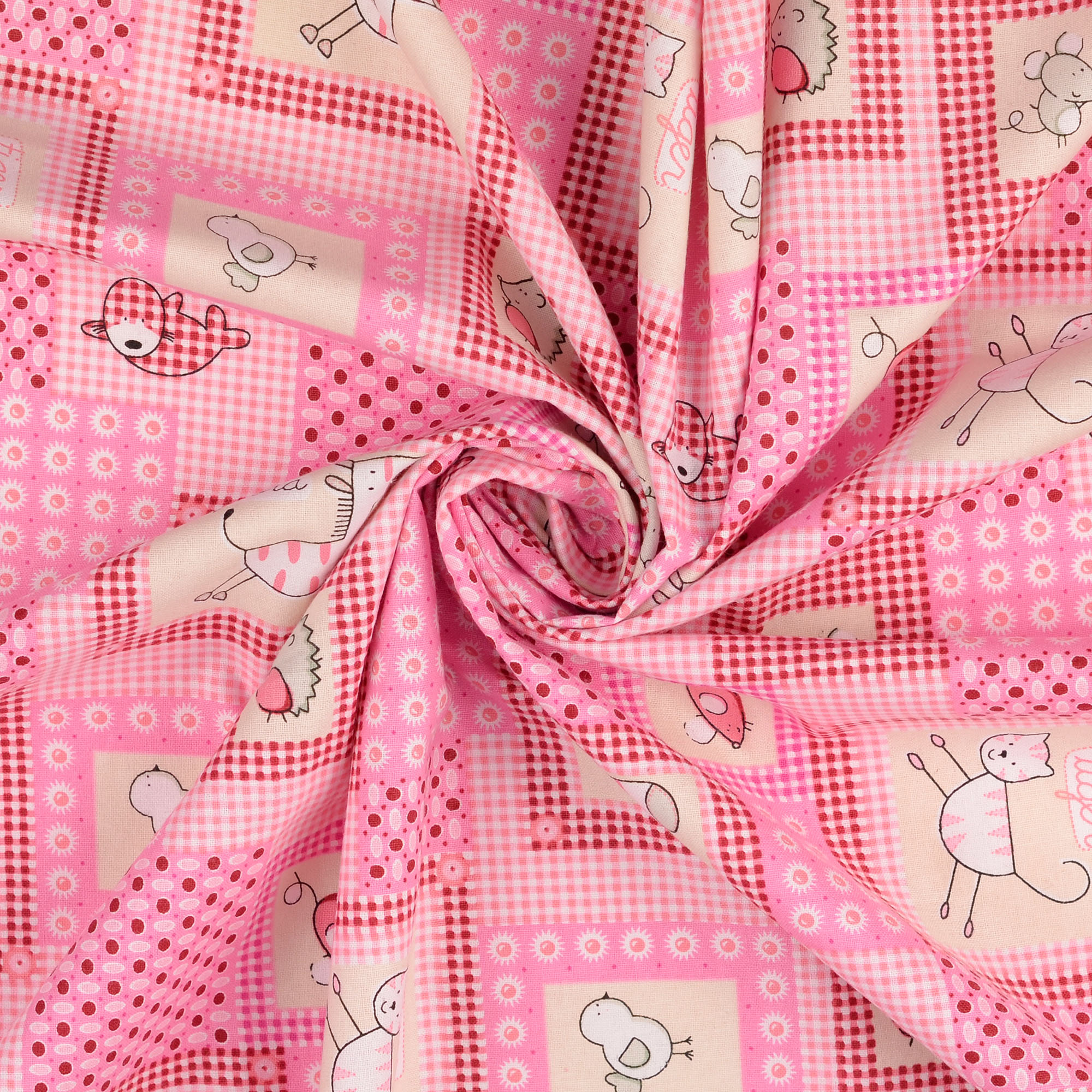 Baumwollstoff kariert, Tierwelt, pink/ beige 