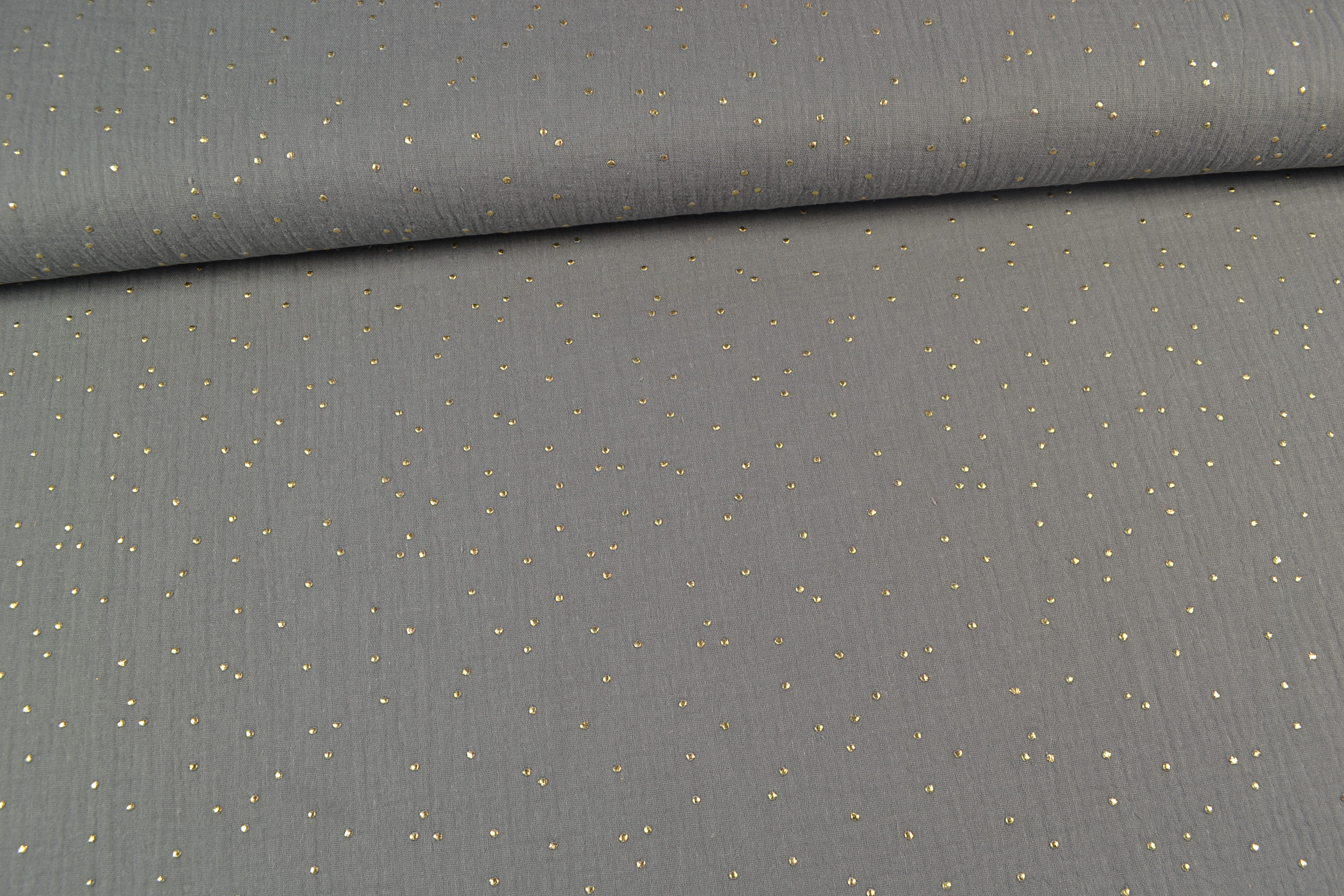 Baumwoll Musselin Double Gauze Punkte gold, grau