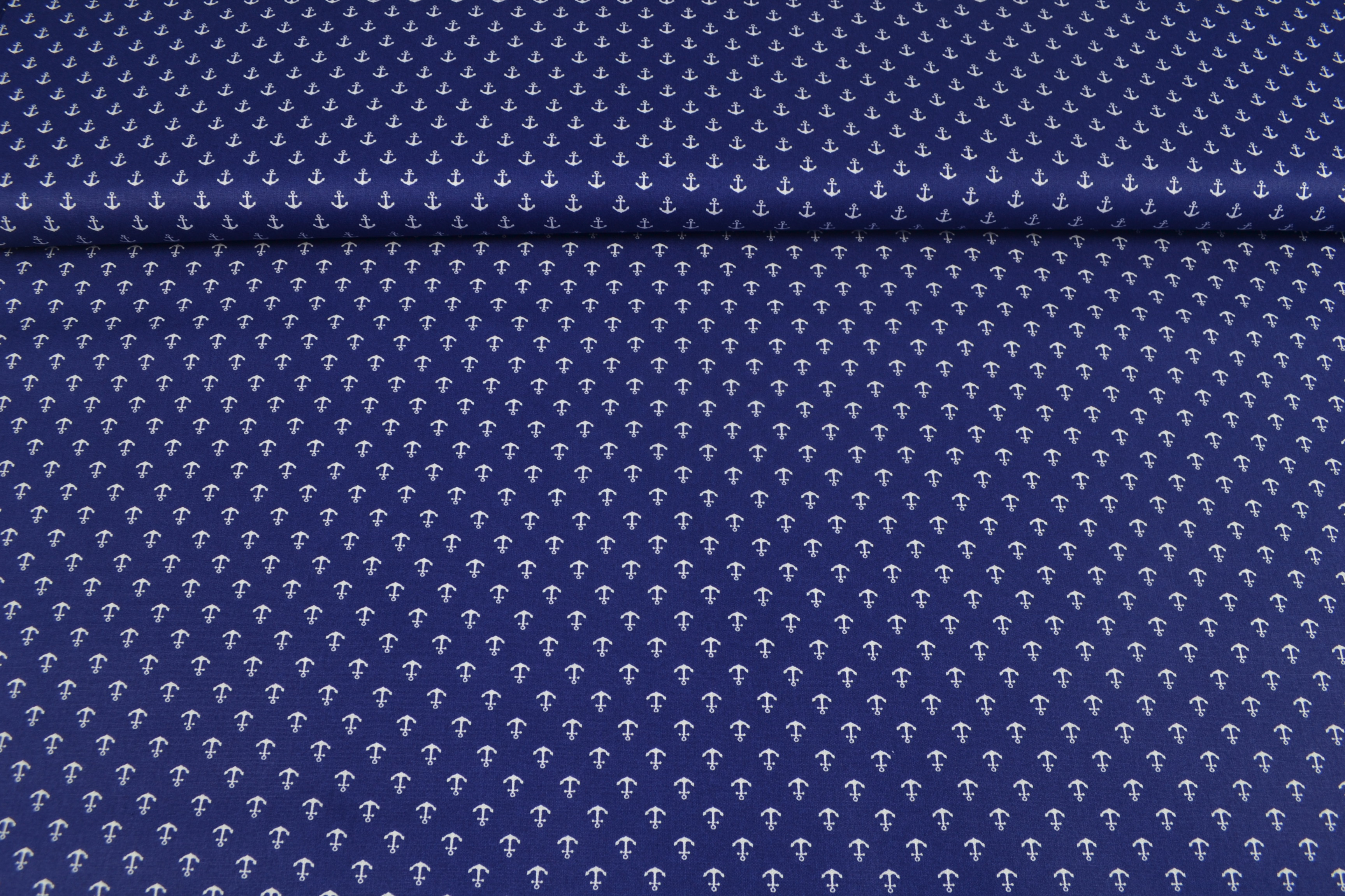 Baumwollstoff Popeline kleine Anker, royalblau