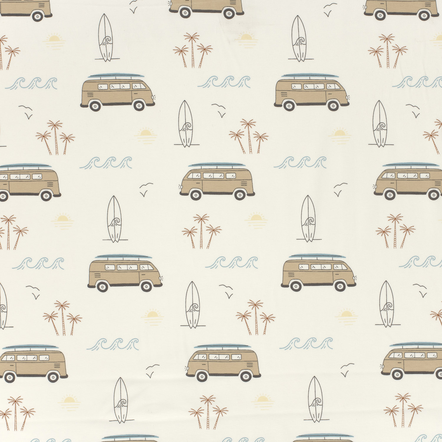 Baumwolle Jersey Bio Naturel Stoff bedruckt Surf Bus Wollweiß