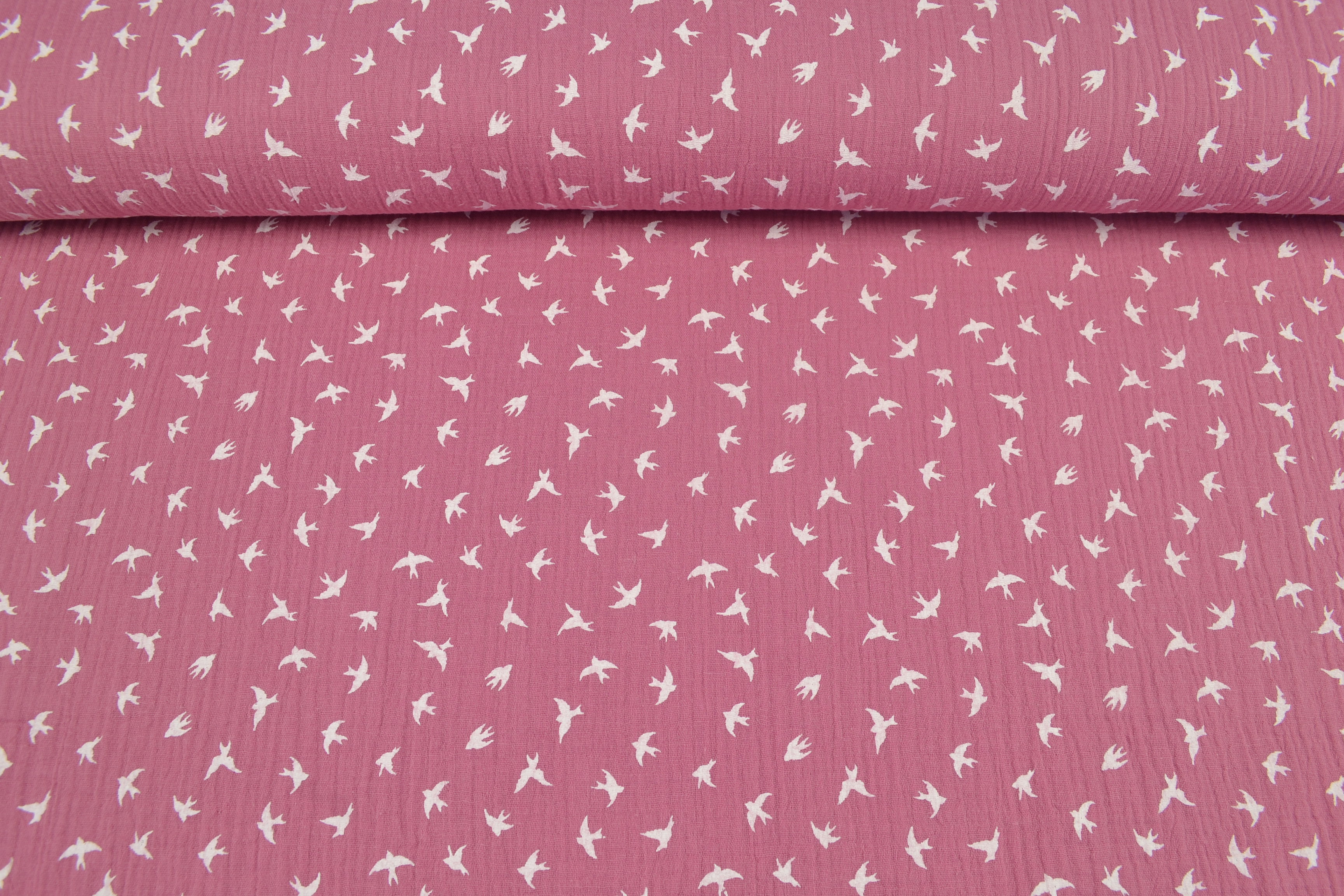 Baumwoll Musselin Double Gauze kleine Vögel, pink