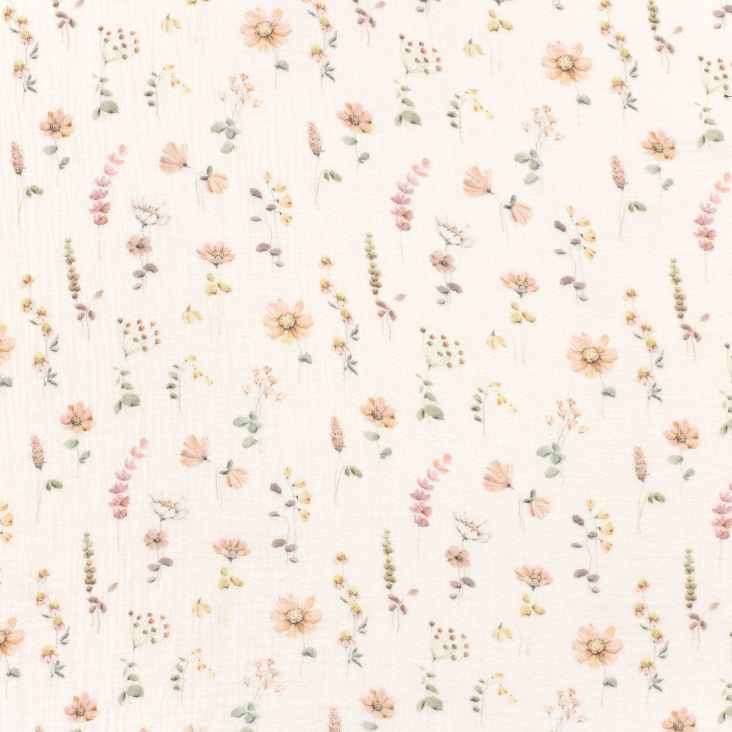 Musselin Stoff bedruckt mit Wildblumen – wollweiß