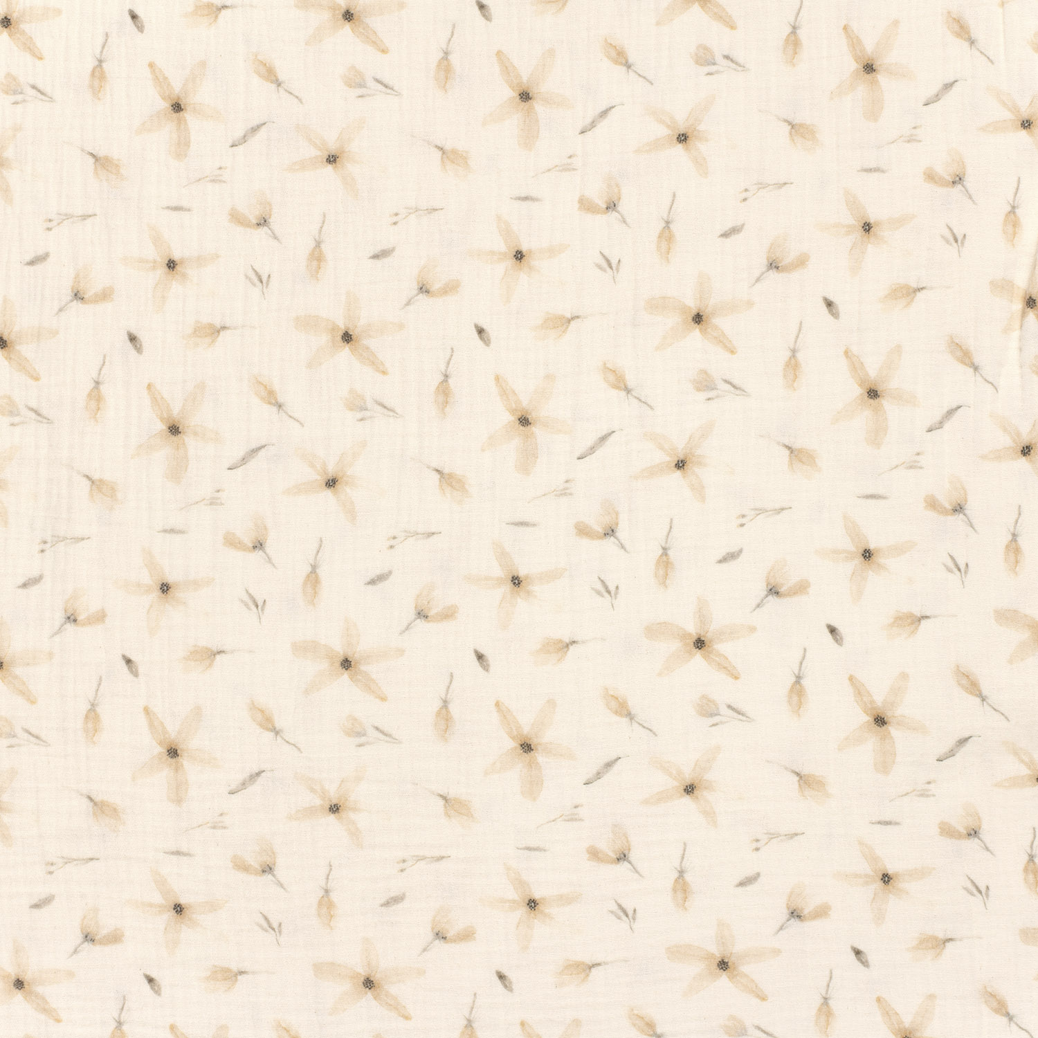 Musselin Stoff bedruckt mit Blüten und Blättern – wollweiß