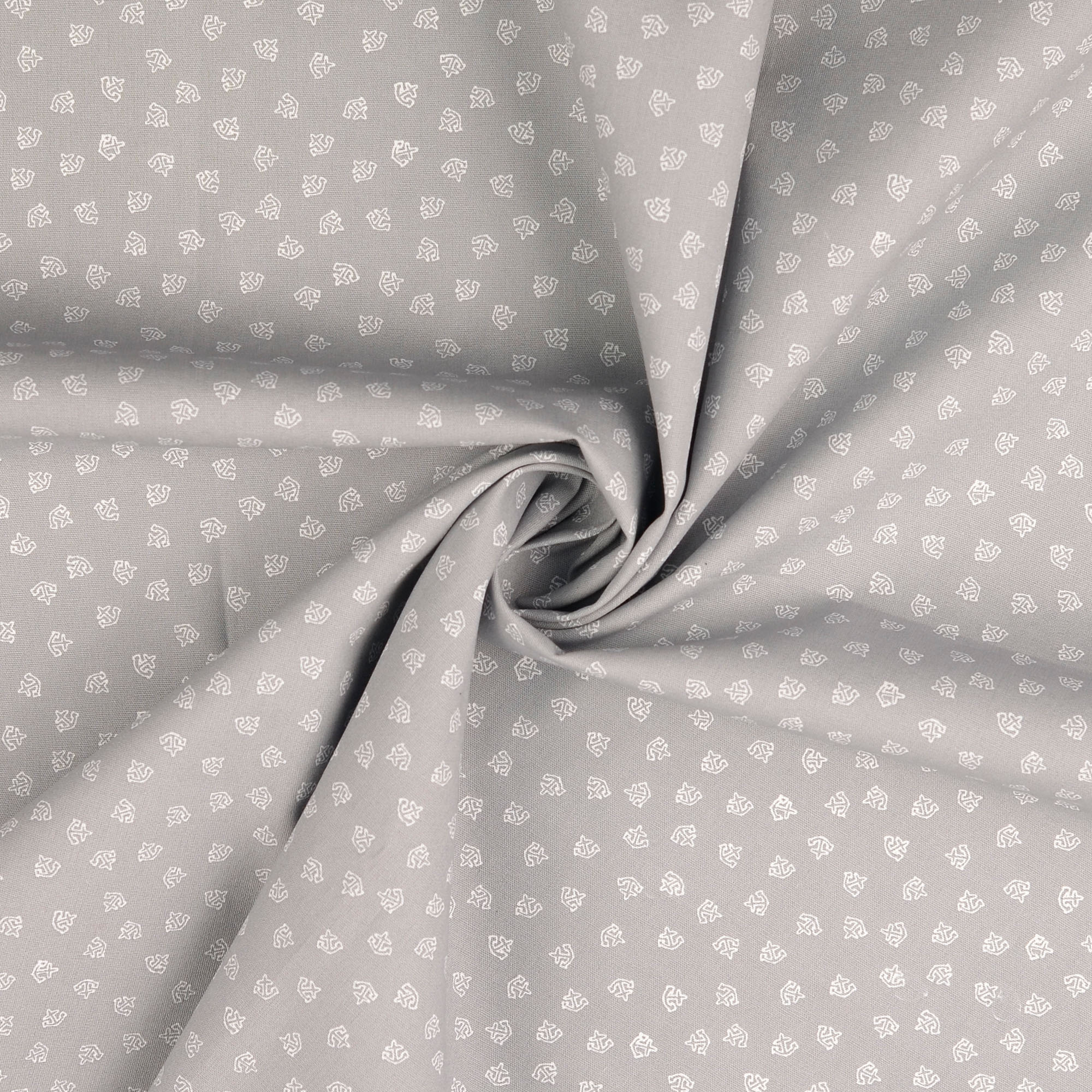 Baumwollstoff gemustert, Anker klein, grau/ Weiß   