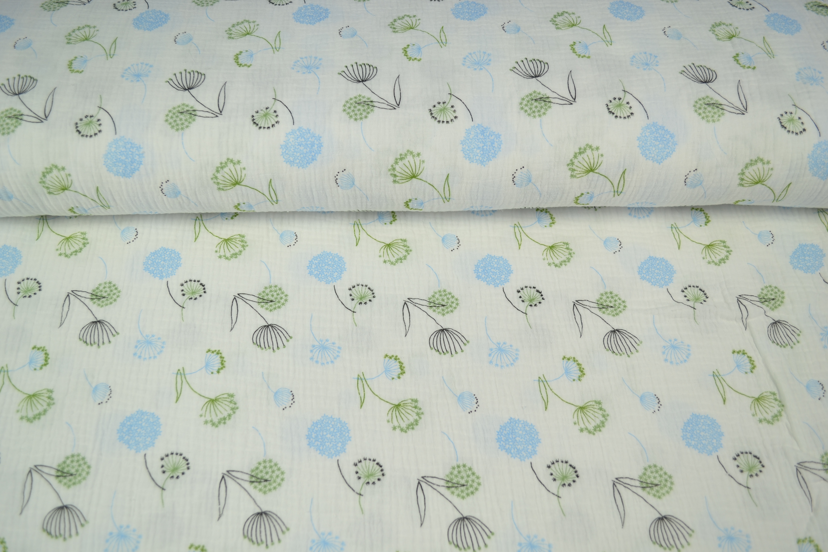 Baumwoll Musselin Double Gauze bedruckt, Pusteblume blau/ grün