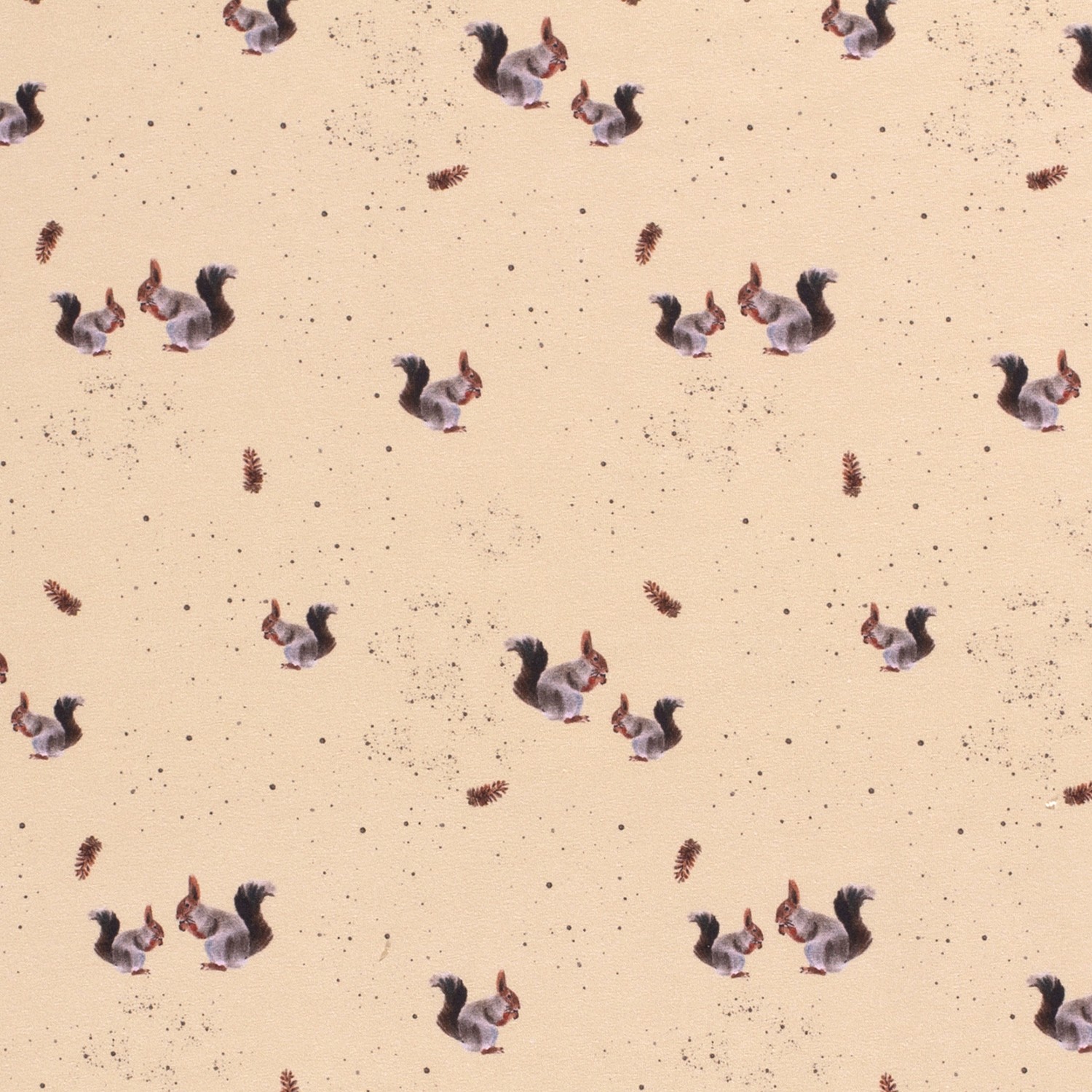 Baumwolljersey bedruckt, Eichhörnchen beige