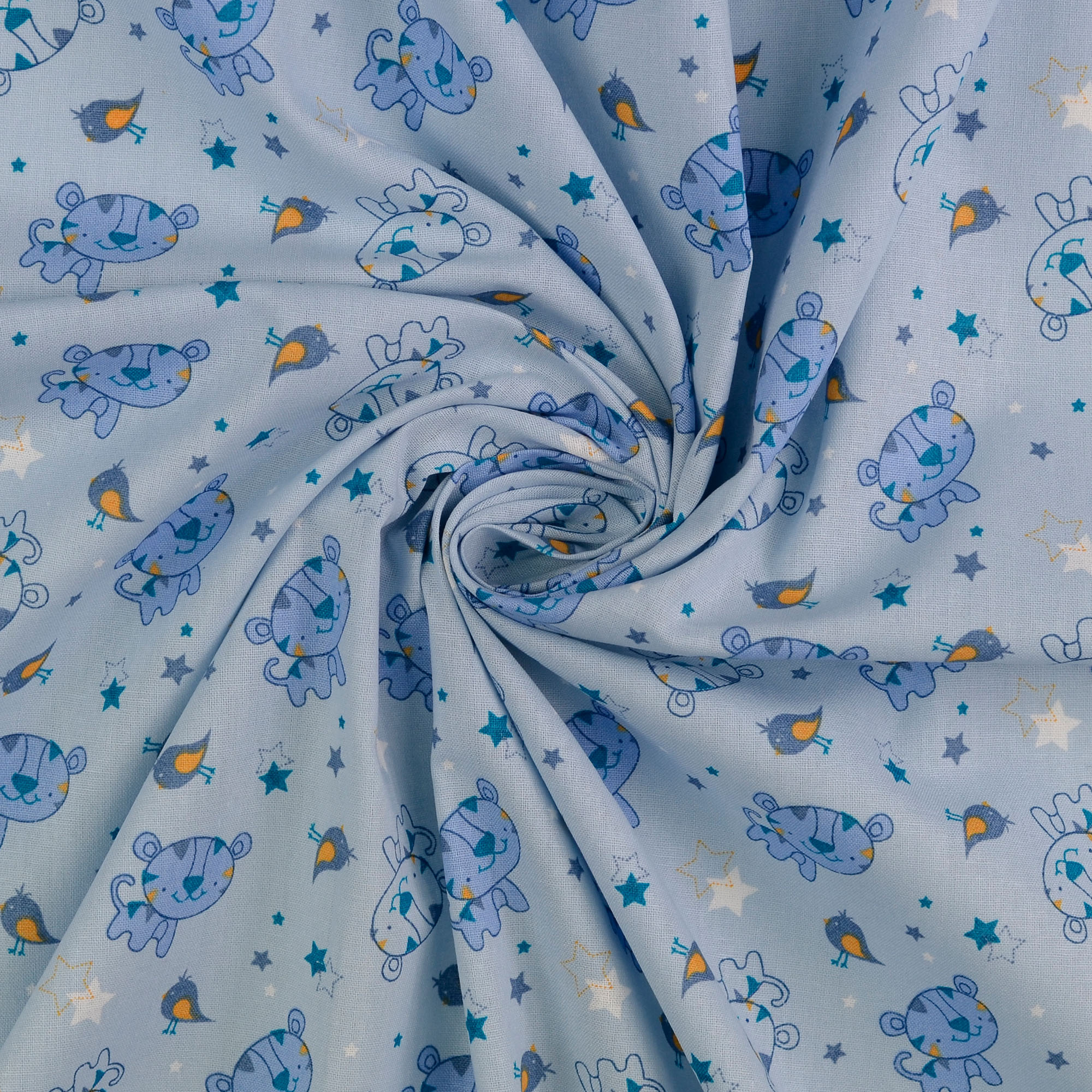 Baumwollstoff gemustert, Tiger & Sternchen, blau/ gelb 