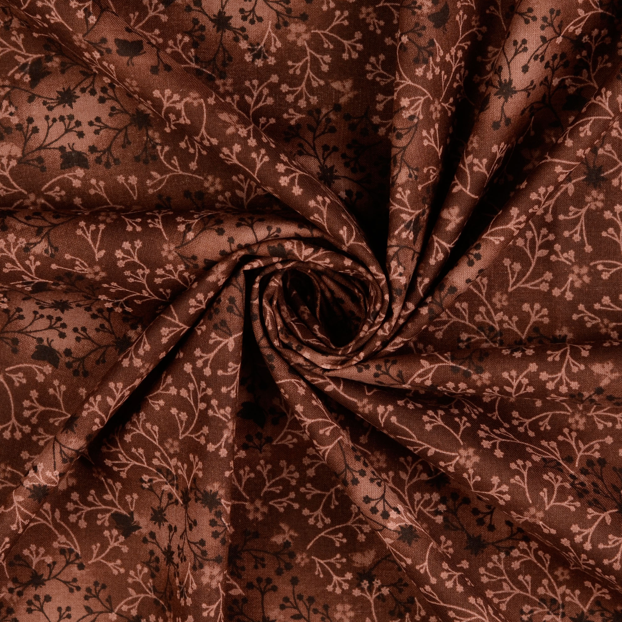 Baumwollstoff Popeline, Blumenranken, braun