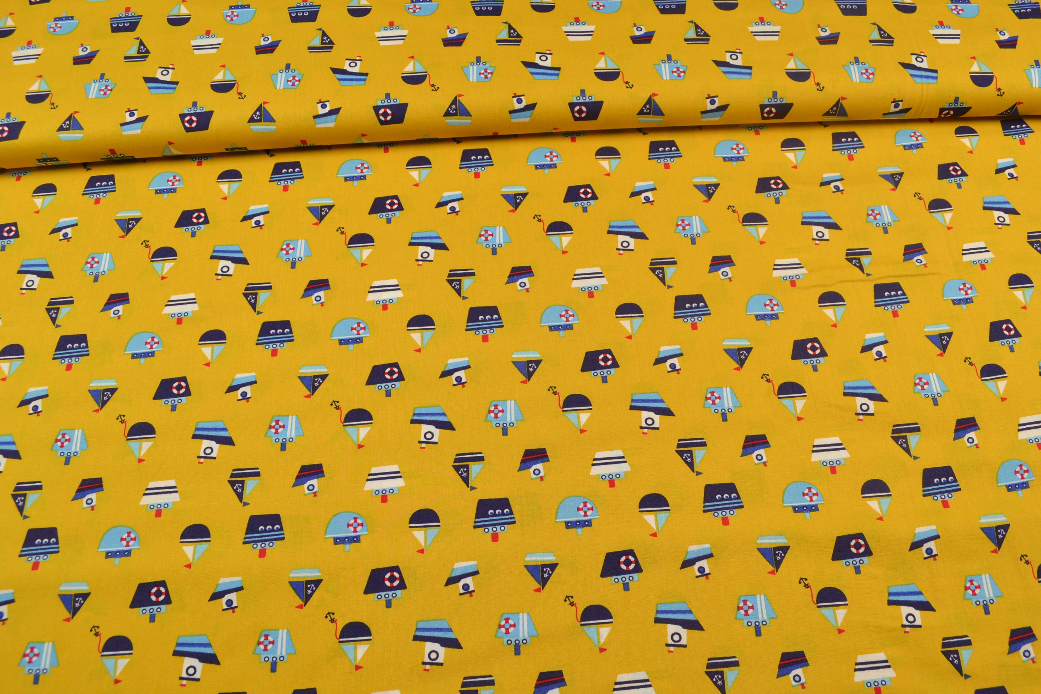Baumwollstoff Schiffe, gelb