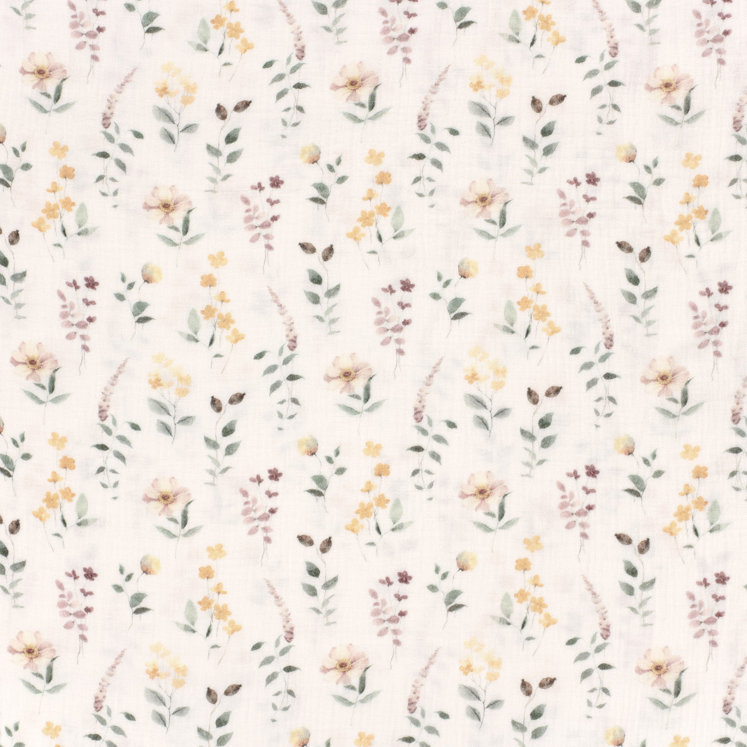 Musselin Stoff bedruckt mit Aquarellblumen – wollweiß