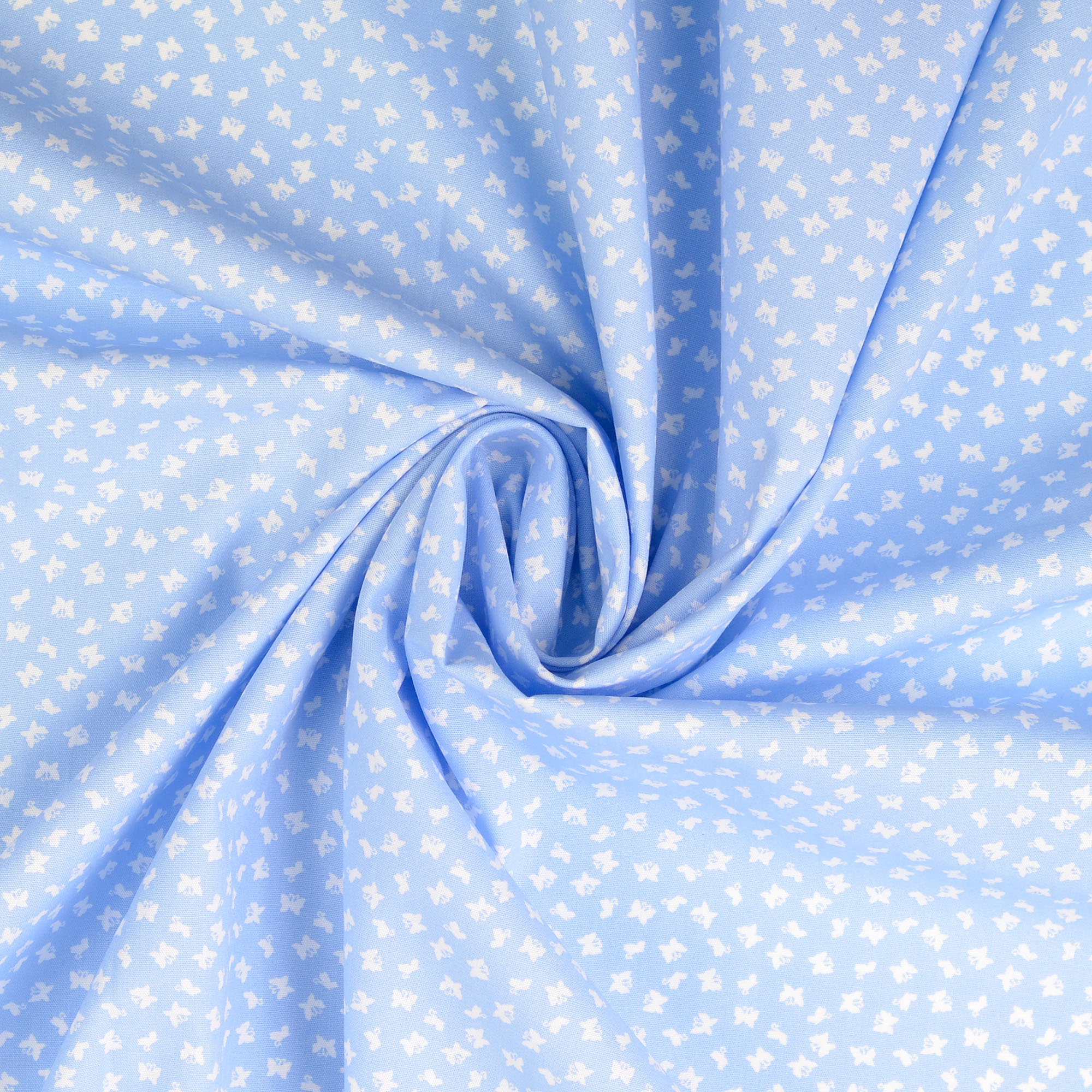 Baumwollstoff gemustert, Schmetterlinge klein, hellblau/ weiß