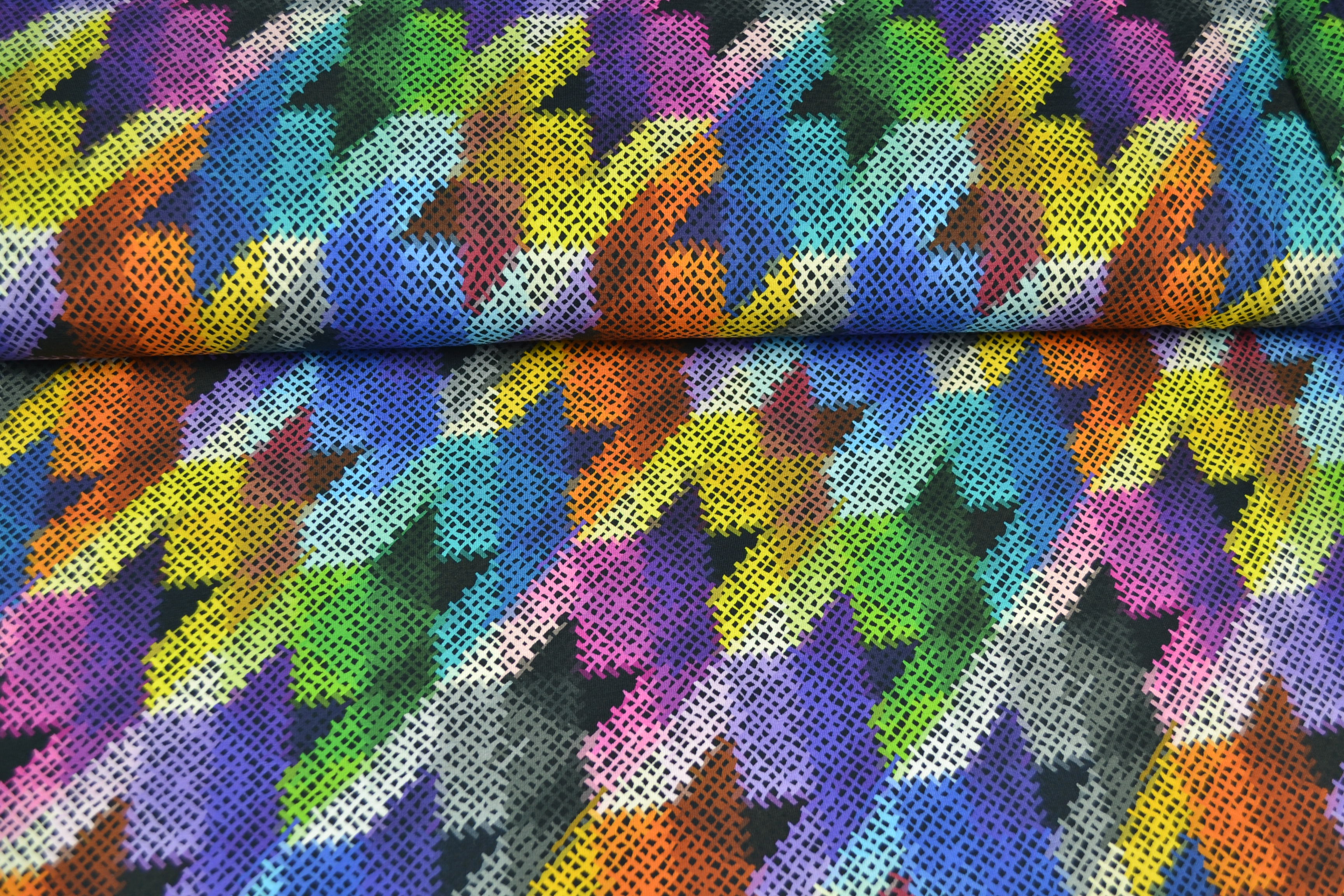 Baumwolljersey Digitaldruck Hahnentritt groß, bunt