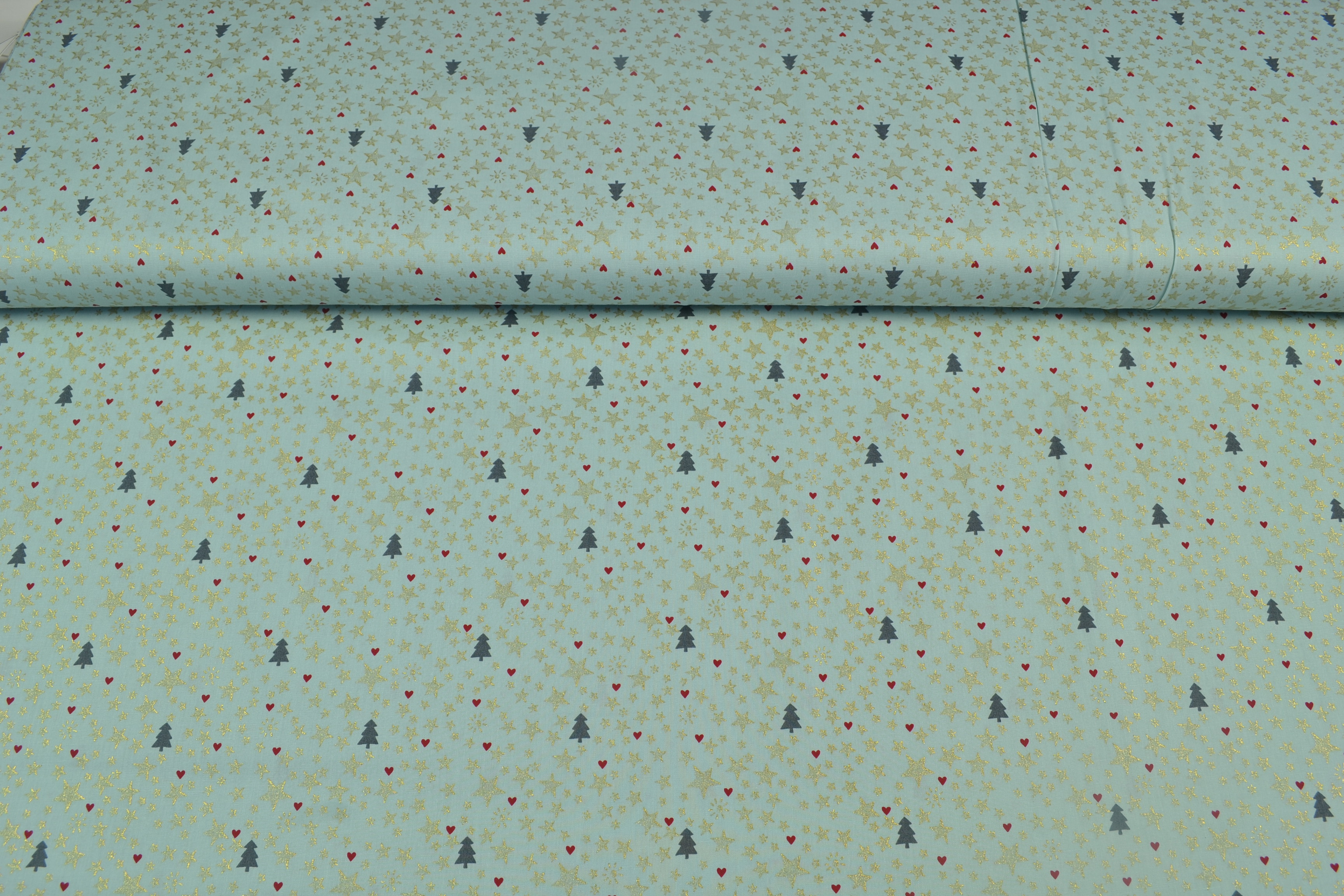 Baumwollstoff Weihnachten, kleine Motive babyblau/gold