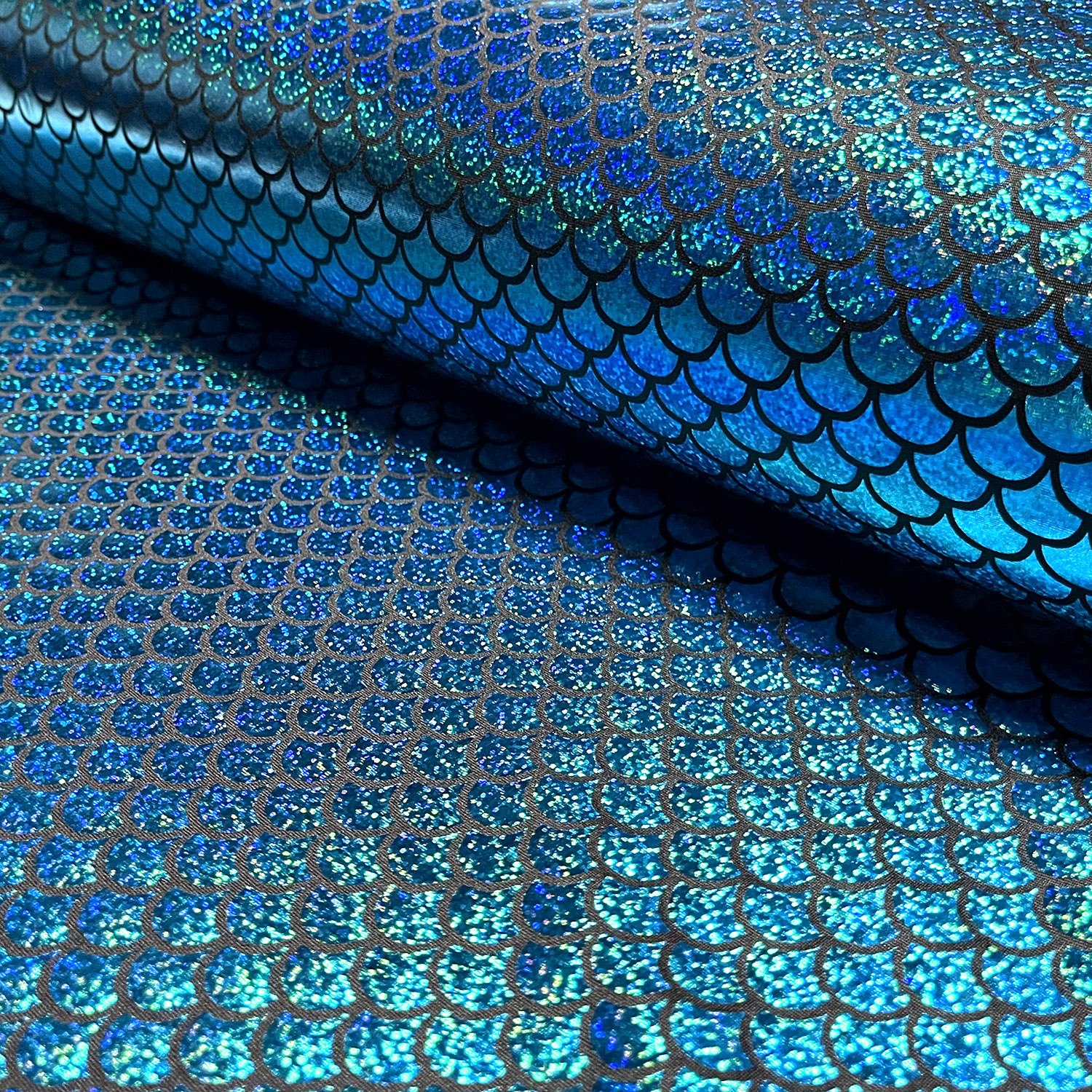 Lamé Stoff Foliendruck Meerjungfrau Aqua