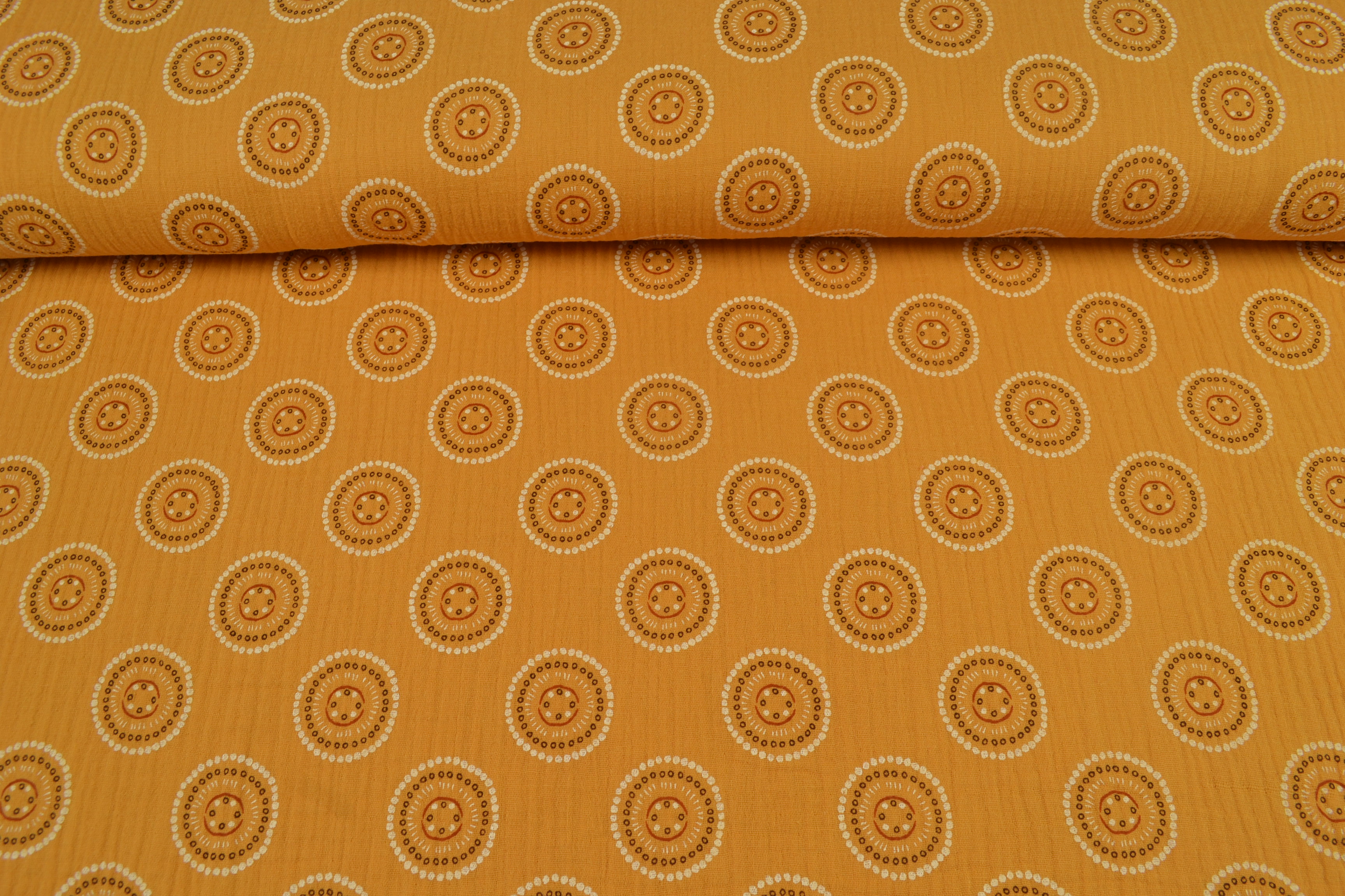 Baumwoll Musselin Double Gauze kleine Mandalas,senfgelb