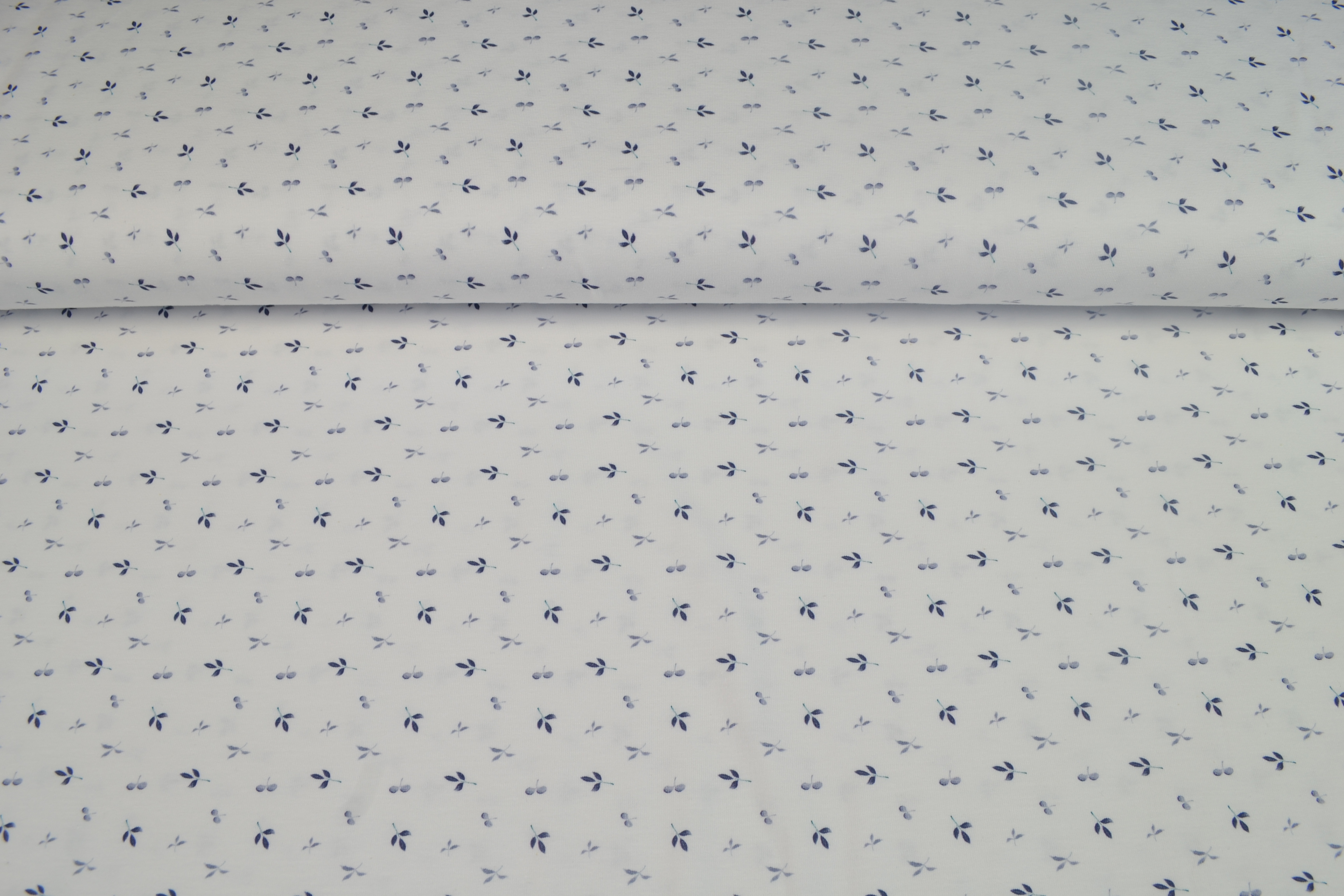 Baumwolljersey Bio kleine Kirschen, weiß/blau
