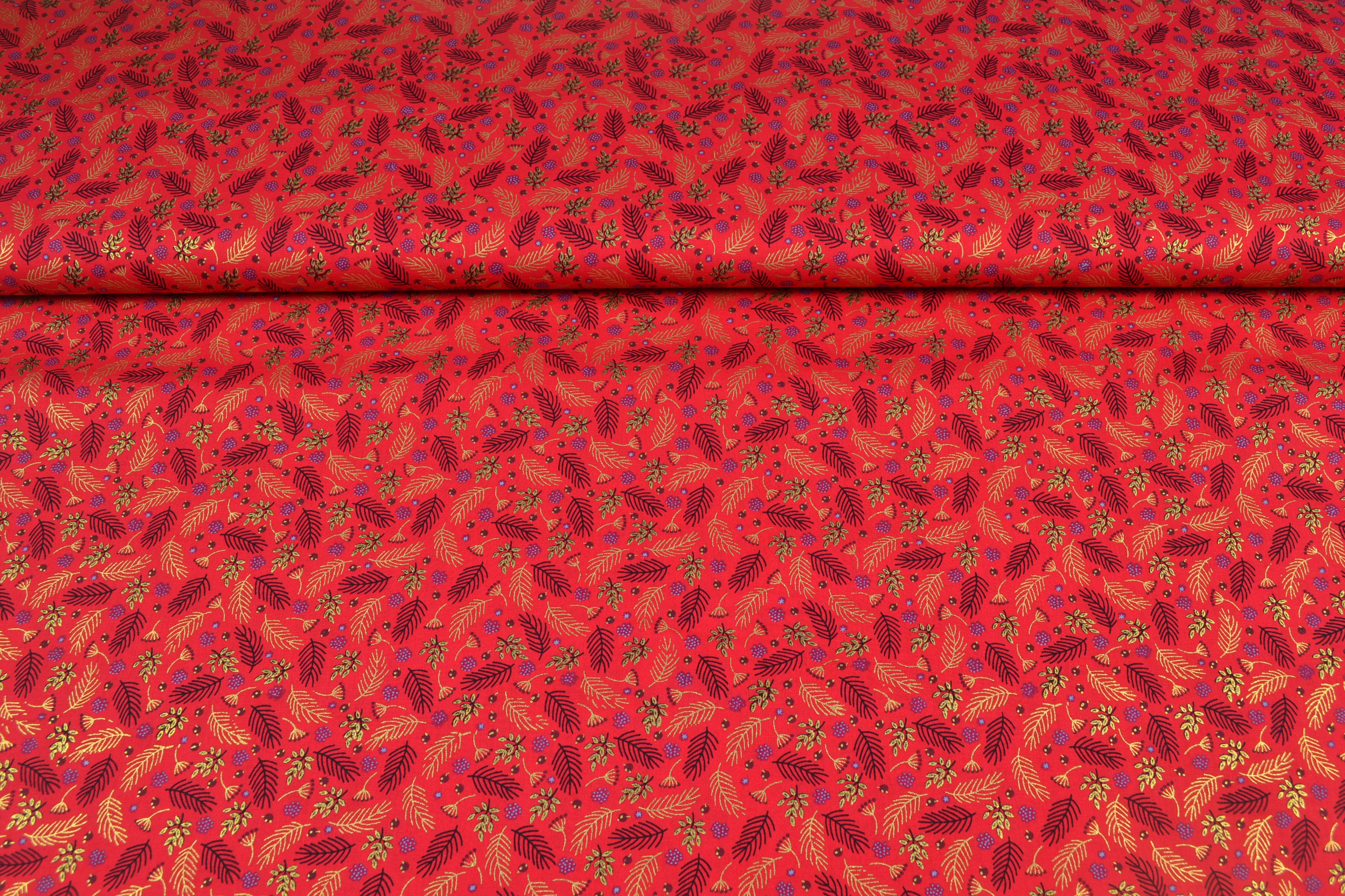 Baumwollstoff Weihnachten, Tannenzweige rot