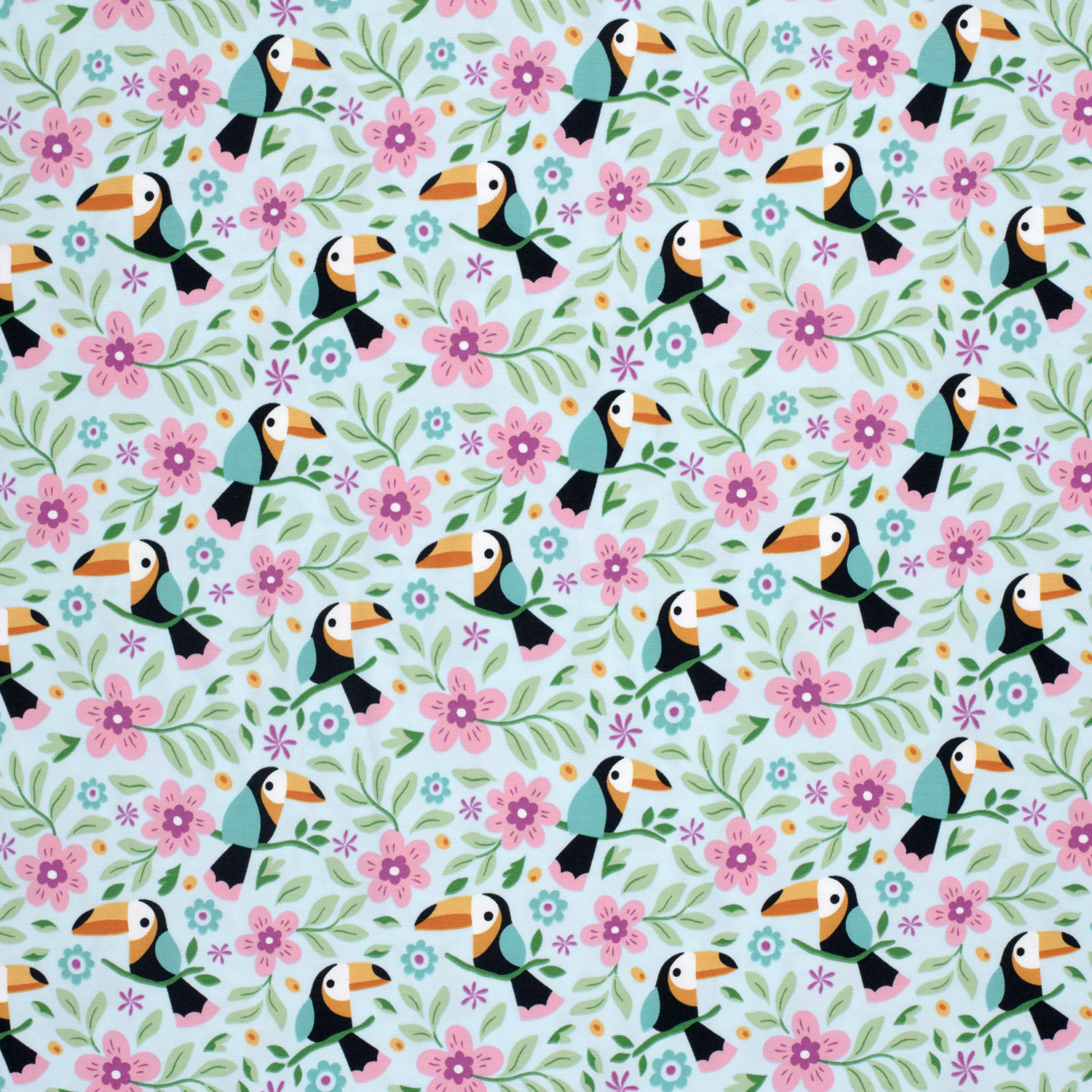 Baumwolle Jersey Stoff bedruckt Tukan und Blumen Hellblau