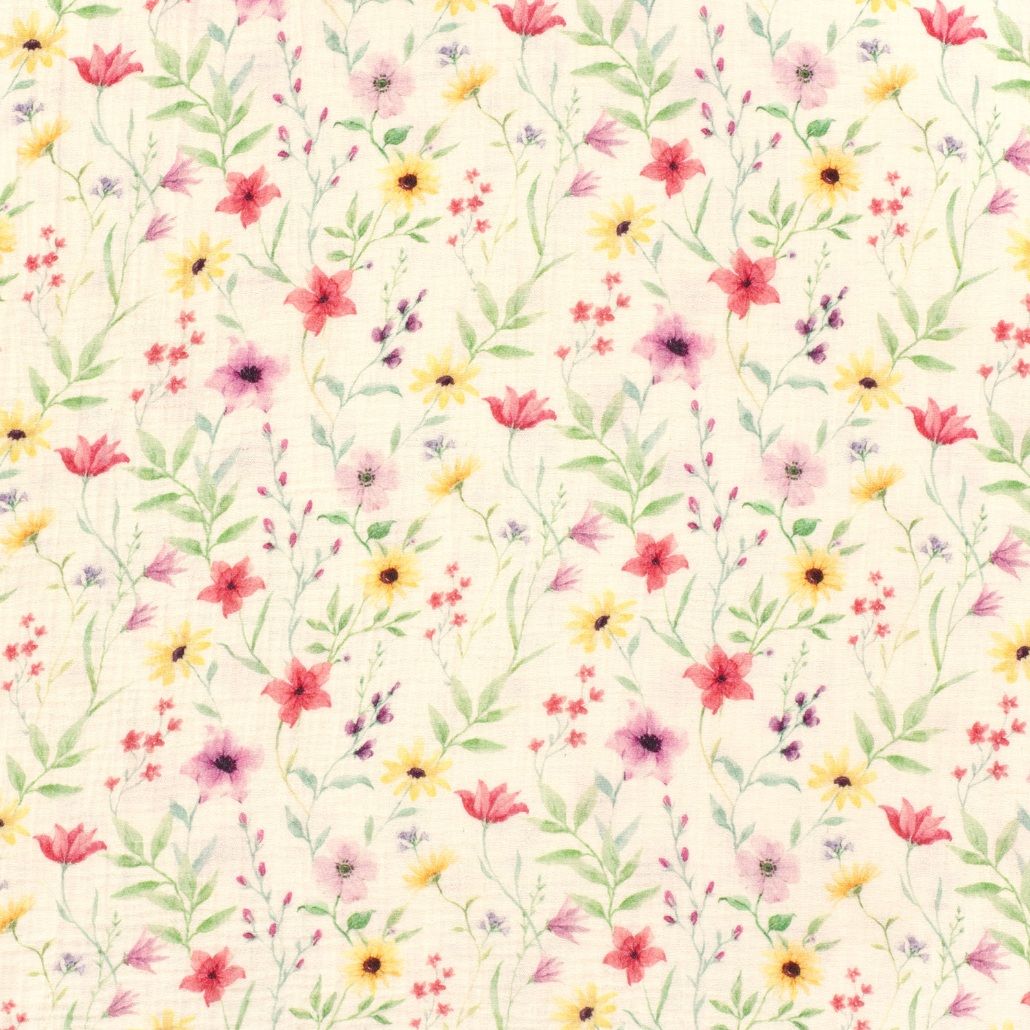 Musselin Bio Naturel Stoff digital bedruckt Blumen Wollweiß