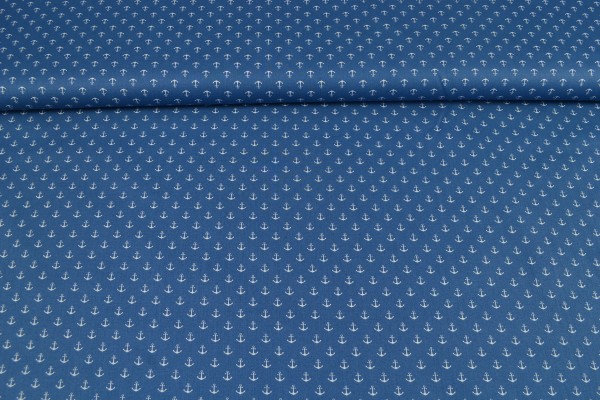 Baumwollstoff Popeline kleine Anker, jeansblau