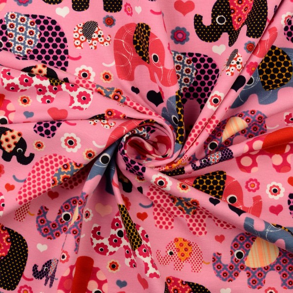 Baumwolljersey gemustert, Elefanten, pink Baumwolljersey gemustert, Elefanten, pink