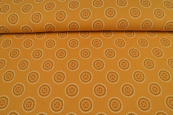 Baumwoll Musselin Double Gauze kleine Mandalas,senfgelb