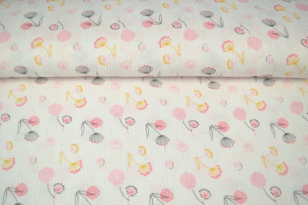 Baumwoll Musselin Double Gauze bedruckt, Pusteblume pink/ gelb Baumwoll Musselin Double Gauze bedruckt, Pusteblume pink/ gelb