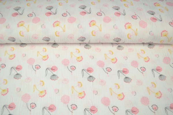 Baumwoll Musselin Double Gauze bedruckt, Pusteblume pink/ gelb