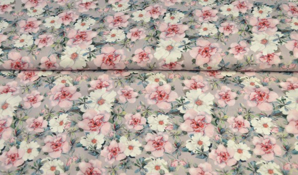 Viskosestoff Digitaldruck Blumen, pink/ weiß