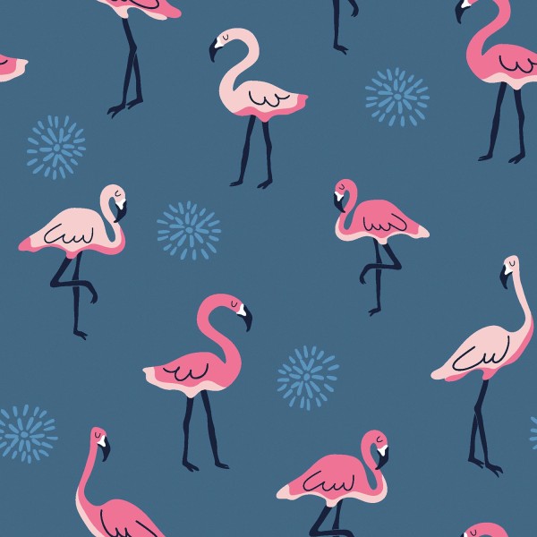 Baumwolljersey bedruckt Flamingos, dunkelblau