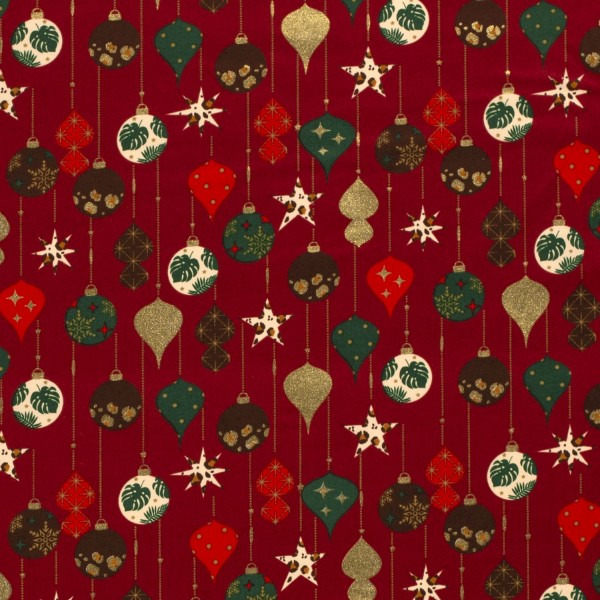 Baumwolle Popeline Stoff Bedruckt Weihnachtskugeln, dunkelrot