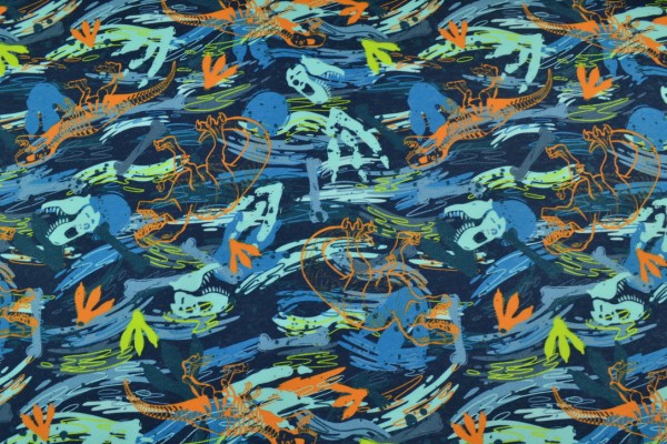 Sweat Shirt Stoff Digitaldruck, Dinosaurier, blau