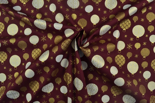 Baumwollstoff Weihnachten, Glitzerkugeln weinrot/gold Baumwollstoff Weihnachten, Glitzerkugeln weinrot/gold