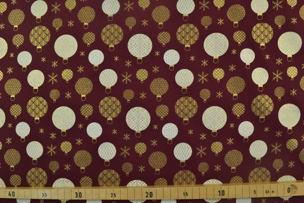 Baumwollstoff Weihnachten, Glitzerkugeln weinrot/gold Baumwollstoff Weihnachten, Glitzerkugeln weinrot/gold