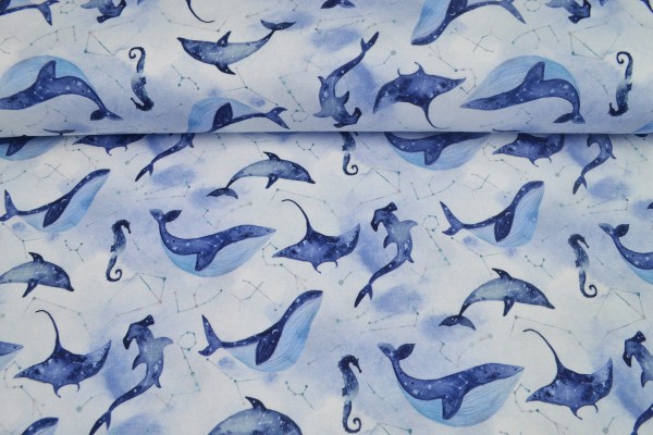 French Terry gemustert Wale, blau/weiß