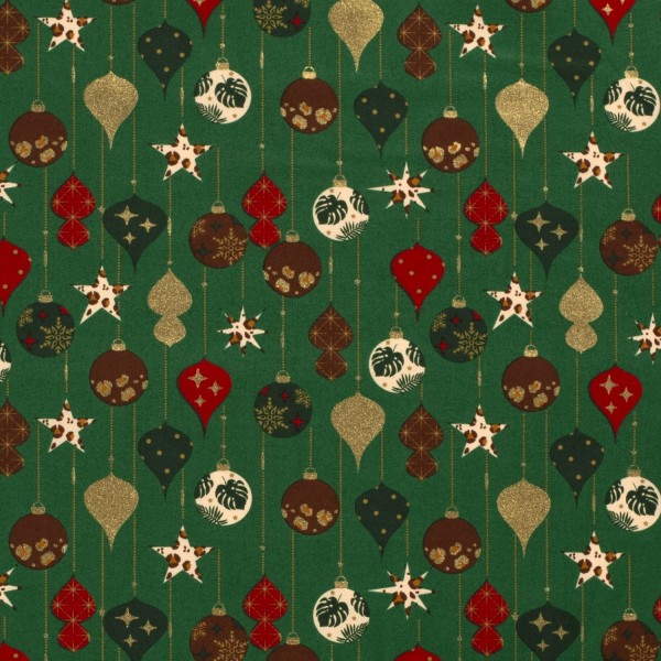 Baumwolle Popeline Stoff Bedruckt Weihnachtskugeln, grün
