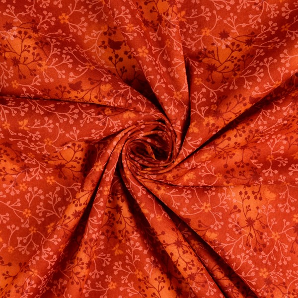 Baumwollstoff Popeline, Blumenranken, orange