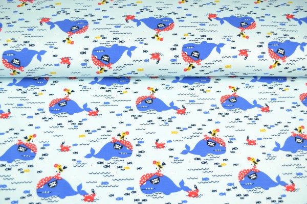 French Terry gemustert Piratenwal, blau