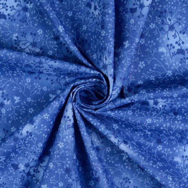 Baumwollstoff Popeline, Blumenranken, blau