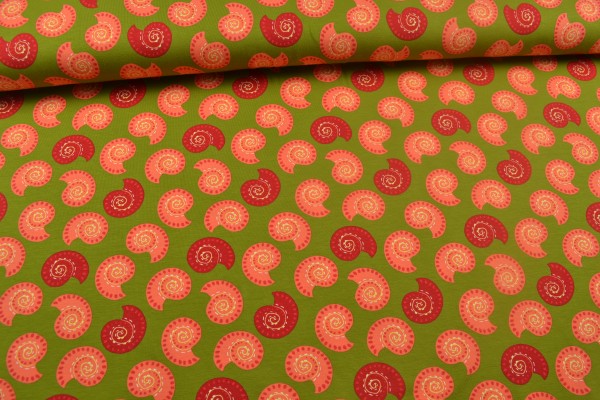Baumwolljersey gemustert Schnecken, grün/coral