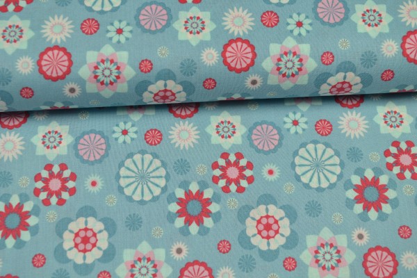 Baumwolle gemustert hellblau, mit roten & weißen Formen Baumwolle gemustert hellblau, mit roten & weißen Formen