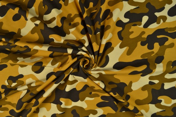 Baumwolljersey gemustert, Camouflage, senfgelb