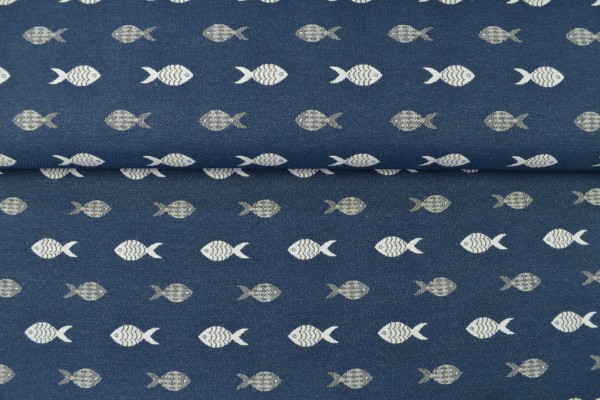 Gobelin Möbelstoff Fische marine/ weiß